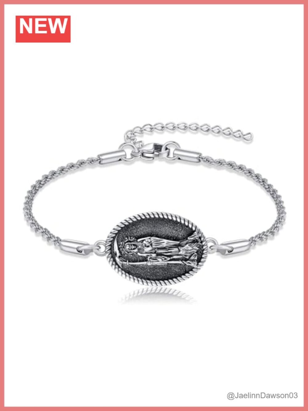 Sterling Silver Santa Muerte Link Bracelet Adjustable 7+2 Inch